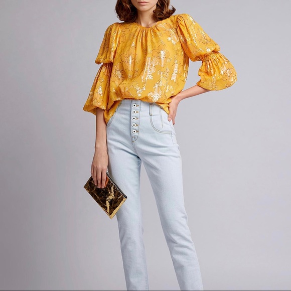 NEW Ulla Johnson Aster Blouse *Citrine* Floral Metallic Silk Blend Sz 0 - Picture 2 of 15